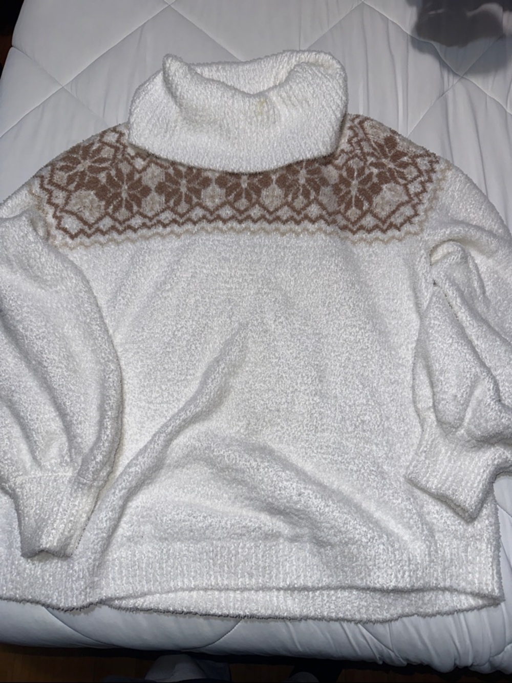 Premise White Turtleneck Sweater with Brown Fair Isle Yoke